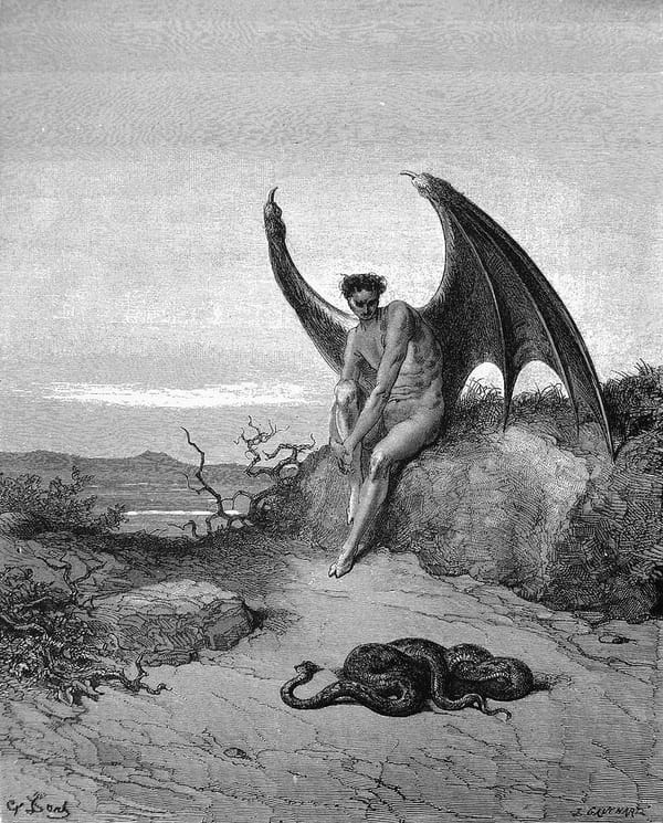 Black and white old painting of Satan leaning on a rock looking down towards a snake.
